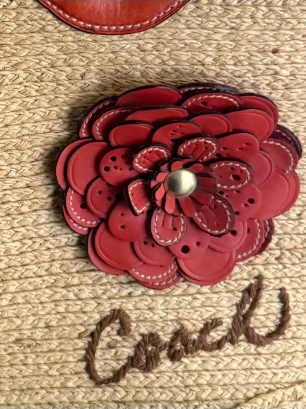 Coach Straw Tote with Red Leather Trim and Floral Applique